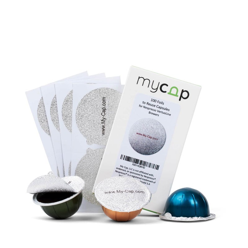 My-Cap Foil Seals for Nespresso Vertuo Pods - Reusable Aluminum Lids to Extend Life of Nespresso VertuoLine Capsules (Pack of 100) - Image 1